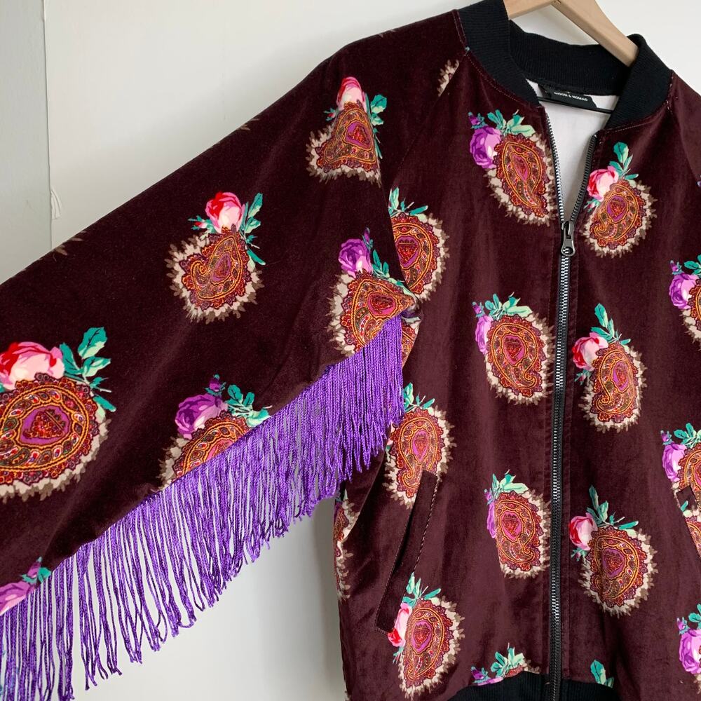 Moon & Nomad Mixed Emotions Velvet Bomber Jacket Burgundy Purple Fringe Medium - Picture 9 of 14